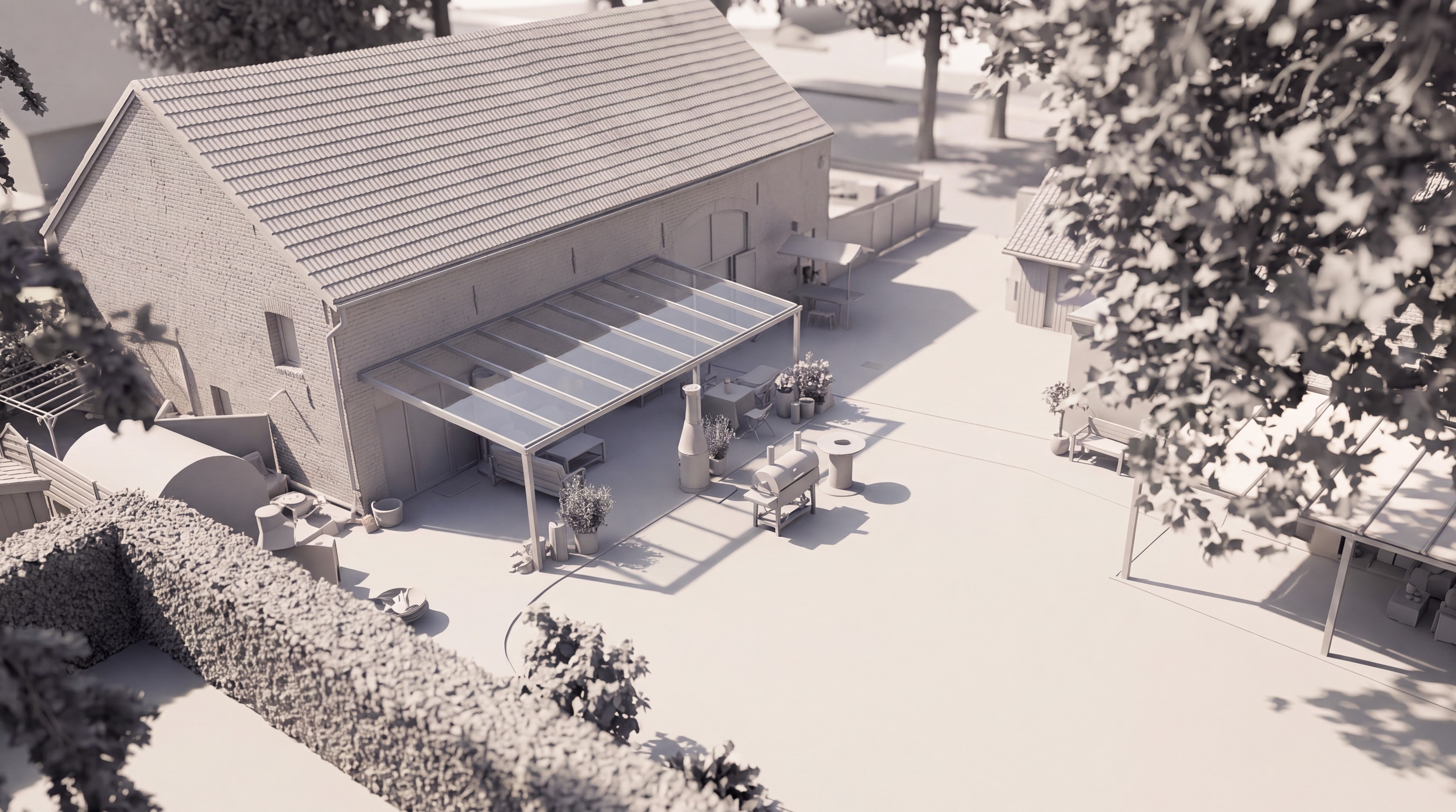Architekturmodell der Experience Scheune mit Hof, Pergola und Garten